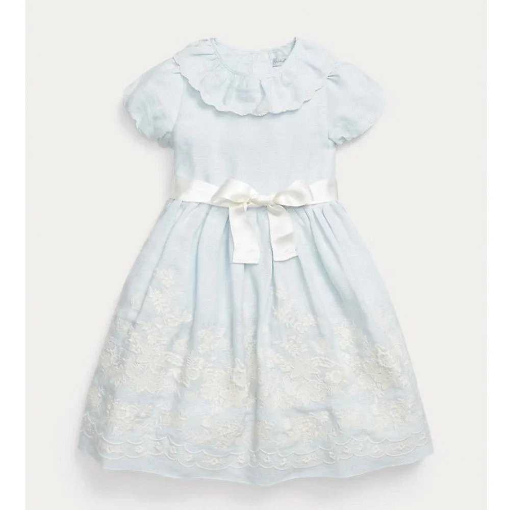 Ralph Lauren Floral Embroidered Ruffle Overlay Blue Hemp Dress Peter‎ Collar 5